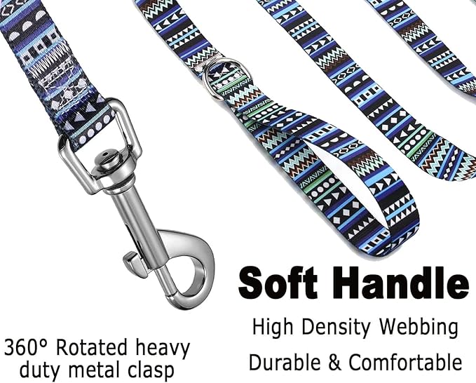 Mihqy Dog Collar and Leash Set with Bohemia Floral Tribal Geometric Patterns - Soft Ethnic Style Collar Adjustable for Small Medium Large Dogs(Bohemian Blue Set,S)