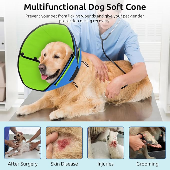 Queenmore Dog Cones for Small Dogs, Soft Cone for Dogs After Surgery, Adjustable Comfy Cone for Dogs & Cats, Comfortable Pet Cone After Surgery for Wound Healing, Blue&Green S