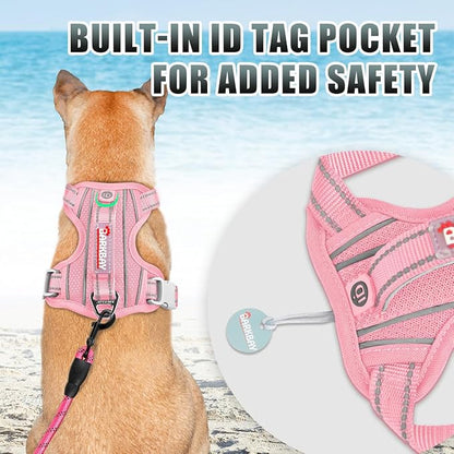 BARKBAY No Pull Dog Harness Large Reflective Dog Harness with Front Clip and Easy Control Handle for Walking Training Running with ID tag Pocket(Baby Pink,M)
