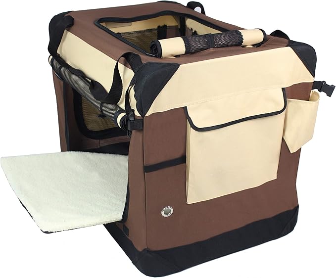 EliteField 4-Door Folding Soft Dog Crate with Curtains, Carrying Bag and Fleece Bed (2 Year Warranty), Indoor & Outdoor Pet Home (24" L x 18" W x 21" H, Brown+Beige)
