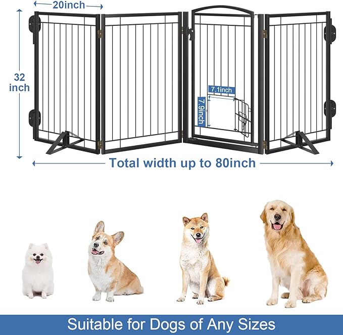 Full Metal Freestanding Dog Gate with Cat Door for Indoor & Outdoor,32" Tall Foldable Dog Fence,80" Extra Wide Freestanding Pet Gate for Large Openings,Stairs,Deck,Yard,Doorways(4 Panels,Black)