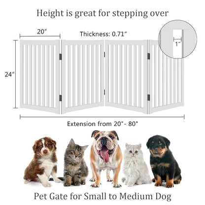 WELLAND Wooden Freestanding Pet Gate, 4 Panel 24 Inch Step Over Fence, Expands Up to 80" Wide, Foldable Indoor Dog Gate Puppy Safety Fence, White