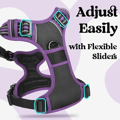 rabbitgoo Dog Harness Medium Sized, No Pull Pet Harness with 3 Buckles, Adjustable Soft Padded Vest with Control Handle, Walking Reflective Pet Vest for Medium Dogs, Black & Purple, M