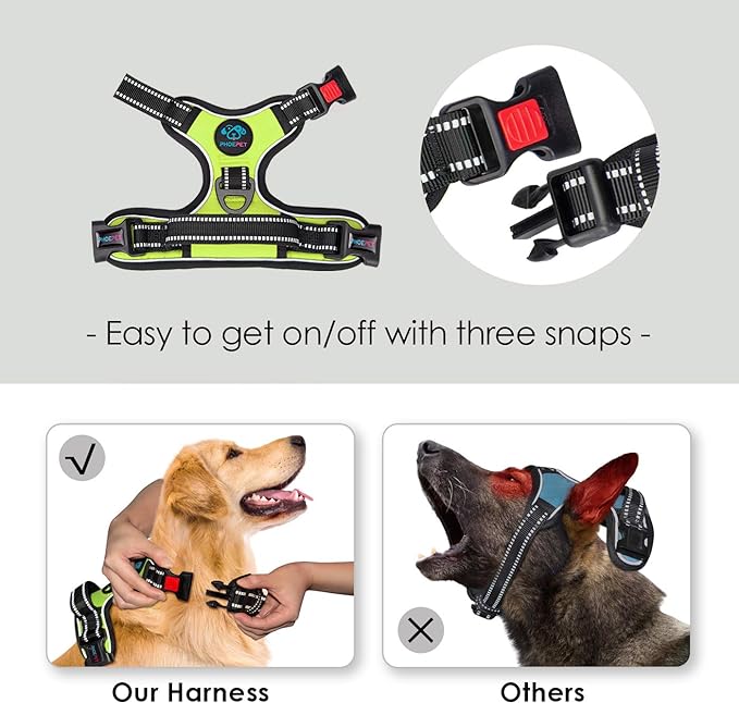PHOEPET Reflective Dog Harness Large Breed Adjustable No Pull Vest with Handle 2 Metal Rings 3 Buckles [Easy to Put on & Take Off](L, Green)