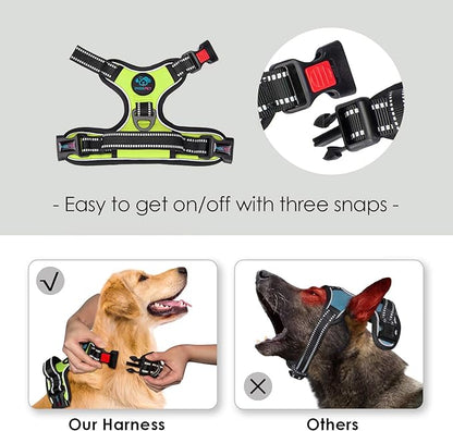 PHOEPET Reflective Dog Harness Large Breed Adjustable No Pull Vest with Handle 2 Metal Rings 3 Buckles [Easy to Put on & Take Off](L, Green)