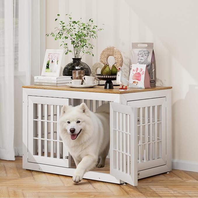 Snuowu 42" Heavy Duty Dog Crate Furniture for Small,Medium and Large Dogs,Rustic Wooden Dog Cage Kennel Indoor Furniture with Waterproof Top,Decorative Pet House Side End Table (White & Wood)