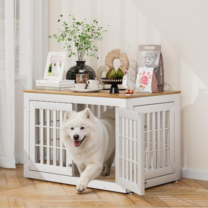 Snuowu 42" Heavy Duty Dog Crate Furniture for Small,Medium and Large Dogs,Rustic Wooden Dog Cage Kennel Indoor Furniture with Waterproof Top,Decorative Pet House Side End Table (White & Wood)