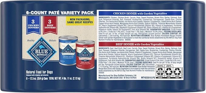 Blue Buffalo Homestyle Recipe Adult Wet Dog Food,Made with Natural Ingredients,Chicken and Beef Dinner Variety Pack,12.5-oz Cans,(Pack of 12)