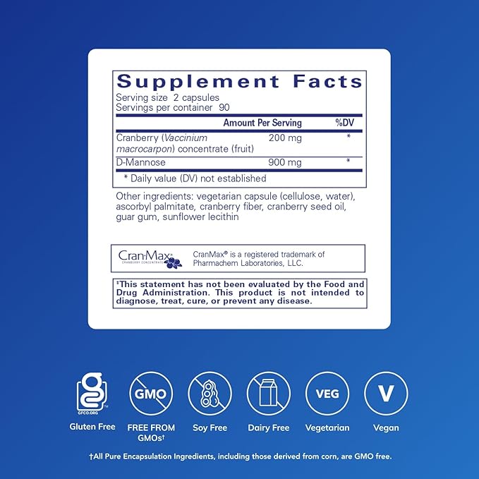 Pure Encapsulations Cranberry D-Mannose - Supports Urinary Tract Health* - with Cranberry Fruit Solids - Vegan & Non-GMO Dietary Supplement - 180 Capsules