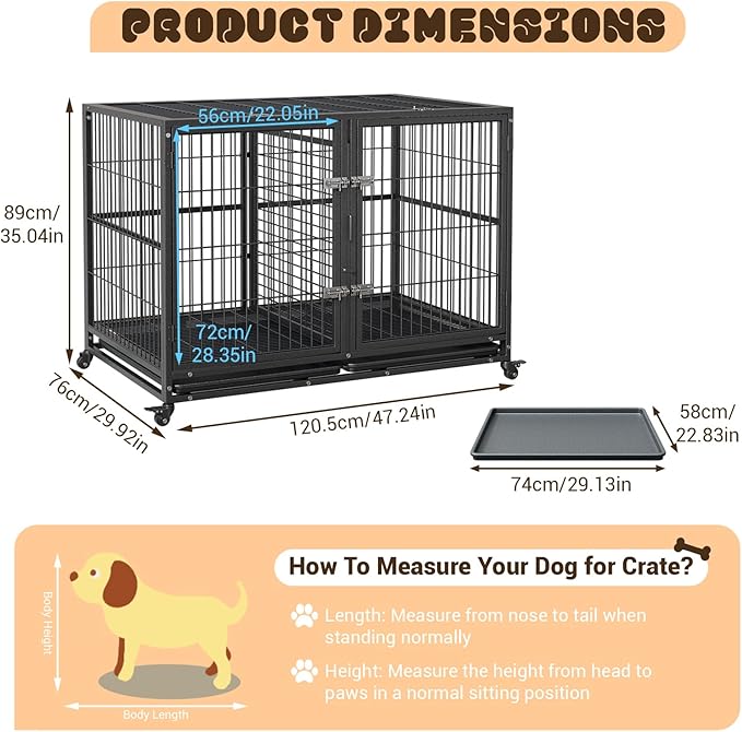 Heavy Duty Dog Crate, 48 Inches Large Metal Dog Kennel with Flexible Divider, 2 Door Pet Cage with Removable Tray and Wheels for Small Medium Large Pets