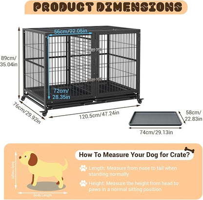 Heavy Duty Dog Crate, 48 Inches Large Metal Dog Kennel with Flexible Divider, 2 Door Pet Cage with Removable Tray and Wheels for Small Medium Large Pets