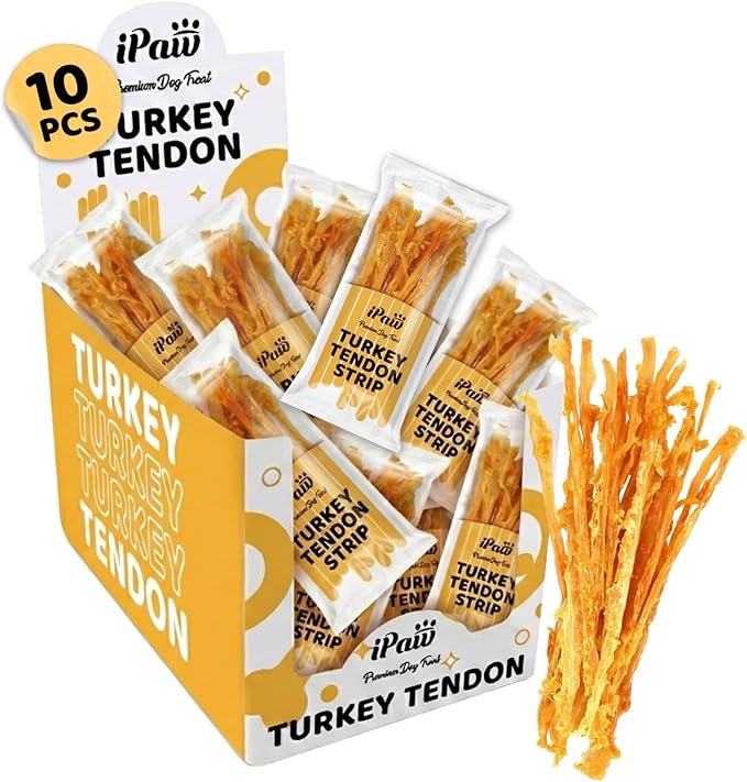 iPaw Turkey Tendon for Dogs 10 Packs/Box Bulk Pack, Single Protein, Hypoallergenic, All Natural Human Grade Puppy Chew, Dog Treats for Signature Series, Rawhide Alternative