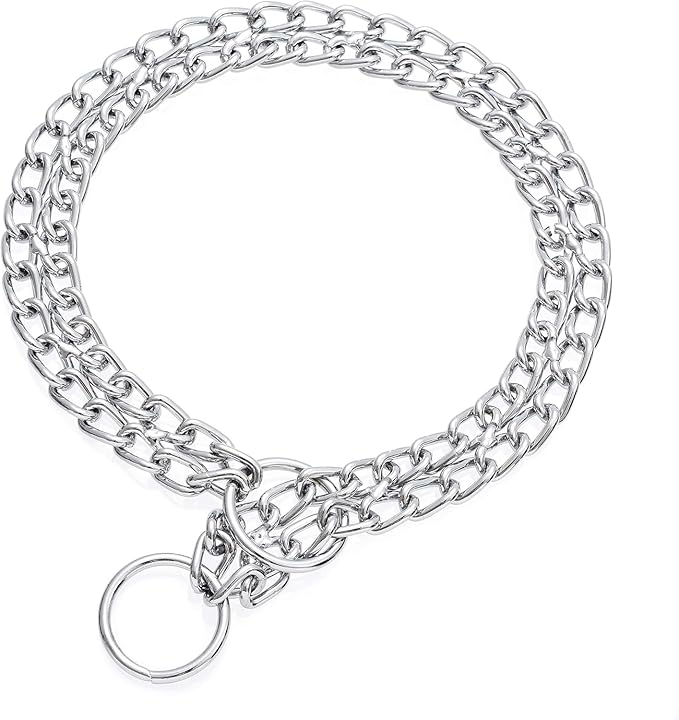 Silver Dog Choke Chain, Double Row Martingale Chain Dog Collars, Chew Proof Metal Cuban Link Slip Collar Adjustable for Small Medium Large Breed Dogs (2 Row, S)