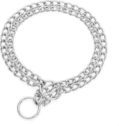 Silver Dog Choke Chain, Double Row Martingale Chain Dog Collars, Chew Proof Metal Cuban Link Slip Collar Adjustable for Small Medium Large Breed Dogs (2 Row, S)