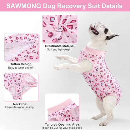 SAWMONG Dog Surgery Recovery Suit, 2 Pack Leopard, Pink, Breathable Polyester, Small, Alternative to Cone-E-Collar