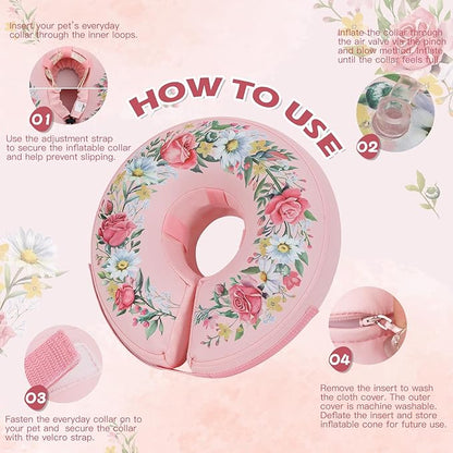 IEUUMLER Inflatable Recovery Dog Cone Collar, Neck Donut Protective ECollar, Adjustable Soft Collar for Dog and Cat After Surgery Prevent from Biting & Licking EU020 Floral Wreath XL