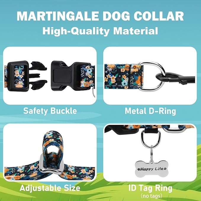 Reflective Martingale Dog Collar with Buckle Soft Nylon Floral No Slip Dog Collars for Small Dogs (Black Orange Flowers, S)