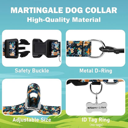 Reflective Martingale Dog Collar with Buckle Soft Nylon Floral No Slip Dog Collars for Puppy Dogs (Black Orange Flowers, XS)