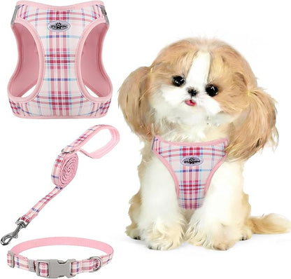 Gyuzh No Pull Dog Harness - 3-in-1 Step in Harness Collar Leash Set for Small Dog Walking & Training, Easy Walk Style, Lightweight Plaid Vest (Pink, M)