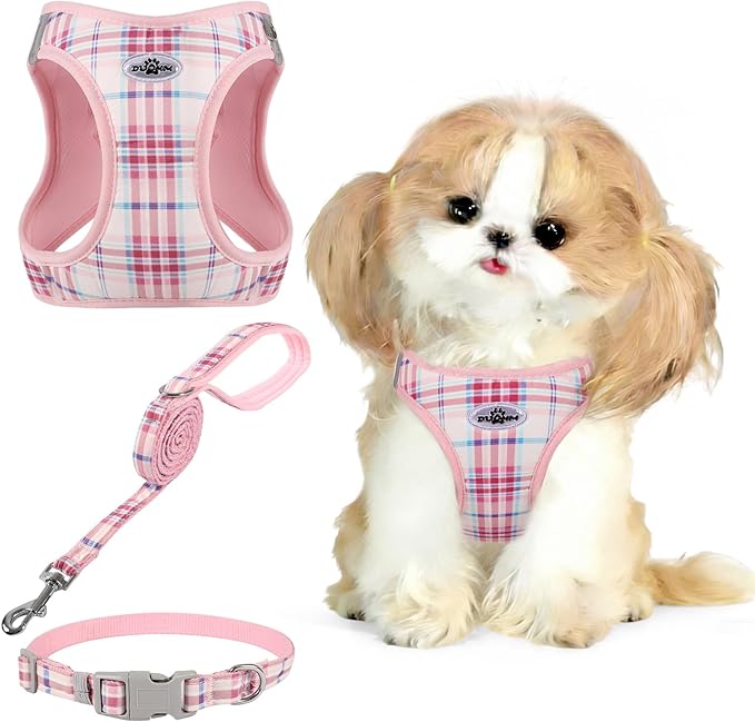 Gyuzh Dog Harness and Leash Set, 3-in-1 Step in No Pull Harness Vest Collar for Small Dogs & Cats, Lightweight Breathable Mesh Reflective Plaid with Padded Handle (Pink, L)