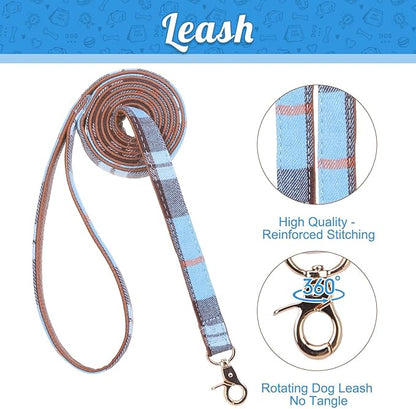 EXPAWLORER Classic Plaid Dog Collar with Bow Tie and 360 Swivel No Tangle Leash - Adjustable for Small Medium Dogs, Cats, Sky Blue SM