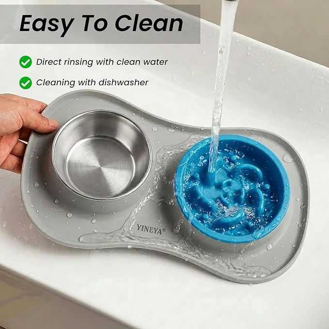 YINEYA Slow Feeder Dog Bowls Stainless Steel Food and Water Bowl Set 3 in 1 No Spill Waterproof Silicone Pet Food Mat Puppy Feeding Station for Large Medium Small Breed Non Slip Metal Dish Tray