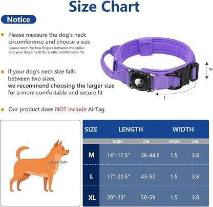Tactical AirTag Dog Collar with Waterproof Holder(1st/2nd Generation) | Military-Grade Adjustable Collar, Comfortable Control Handle & Metal Buckle for Medium Dogs，Smart QR ID tag (Purple, M)