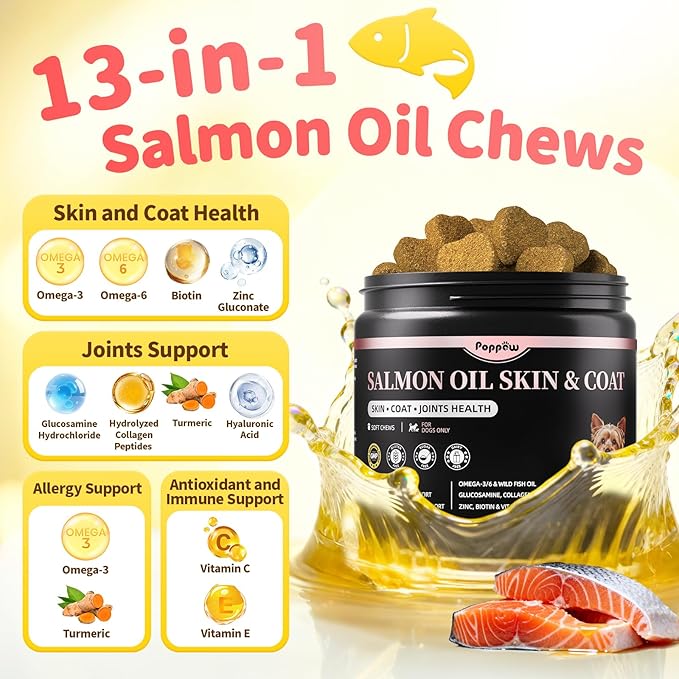 Salmon Oil for Dogs Skin & Coat, 13 in 1 Wild Alaskan Fish Oil for Dogs - Omega 3 EPA & DHA & ALA Fatty Acids, Dog Allergy Relief Chews, Joint & Immune Support,135 Count, Salmon Flavor, Soft Chews