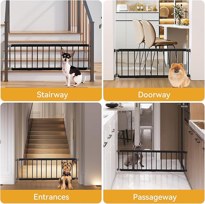 Dog Gate Indoor,18"-45" Adjustable Extra Wide Metal Short Dog Gate to Step Over, 10" Tall Small Pet Gate with 3 Extension Kits, Pressure Mounted for Doorways & Stairs Black