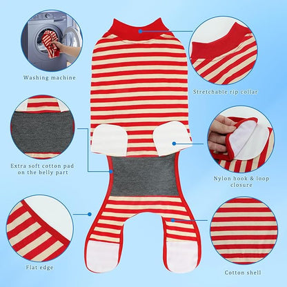2 Packs Breathable Cotton Dog Recovery Suit for After Neuter Spay Abdominal Wounds Protector, Professional Anti-Licking Onesies for Male Female Pets Surgery Bandages, XL Red & Blue Stripes