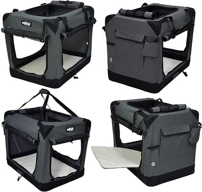 EliteField 4-Door Folding Soft Dog Crate with Curtains, Carrying Bag and Fleece Bed (2 Year Warranty), Indoor & Outdoor Pet Home (30" L x 21" W x 24" H, Gray+4 Door Curtains)