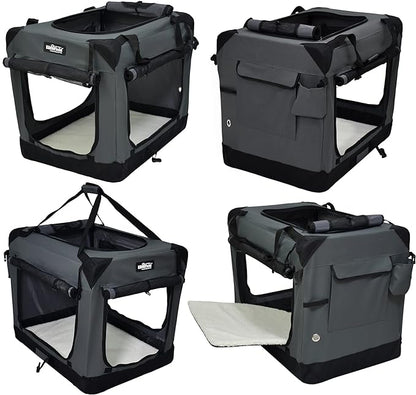 EliteField 4-Door Folding Soft Dog Crate with Curtains, Carrying Bag and Fleece Bed (2 Year Warranty), Indoor & Outdoor Pet Home (36" L x 24" W x 28" H, Gray+4 Door Curtains)