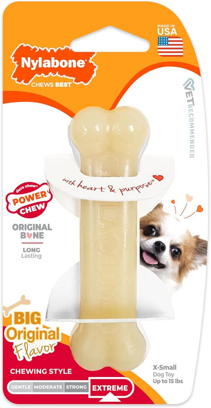 Nylabone Original Bone Power Chew Toy for Dogs, Durable & Tough Dog Toys for Aggressive Chewers, Original Flavor, X-Small/Petite - Up to 15 lbs, 1 Count