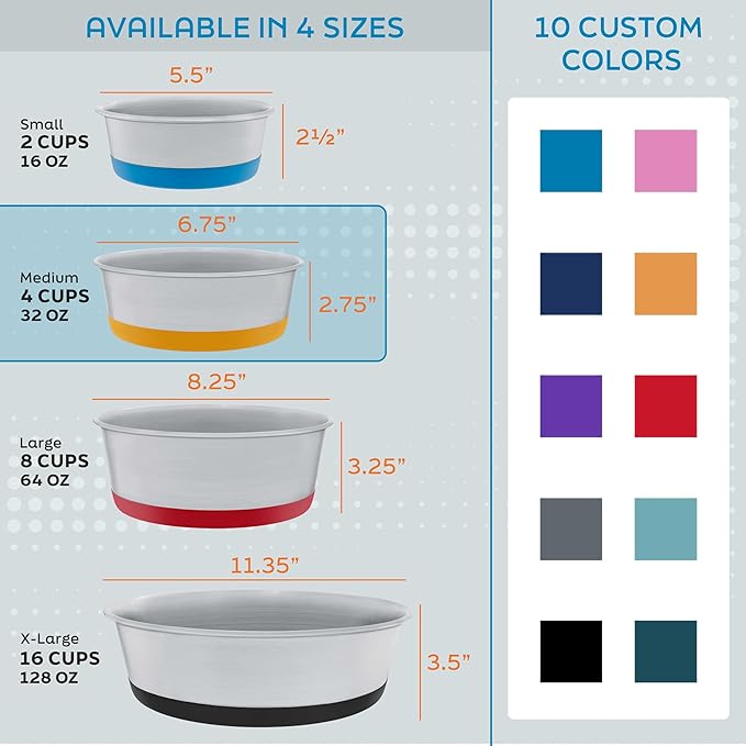 Master Pet Supply Stainless Steel Dog Bowls Set of 2 with Extra Thick Silicone Base - 4 Cup (32 oz) Graphite, Non-Slip, Dishwasher Safe Metal Bowls, Pet Dog Food Bowl for Dogs, Cats, Anti Rust