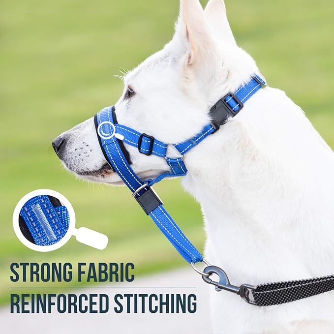 GoodBoy Dog Head Halter with Safety Strap - Stops Heavy Pulling On The Leash - Padded Headcollar for Small Medium and Large Dog Sizes - Head Collar Training Guide Included (Size 4, Blue Nylon)