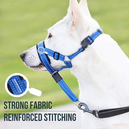 GoodBoy Dog Head Halter with Safety Strap - Stops Heavy Pulling On The Leash - Padded Headcollar for Small Medium and Large Dog Sizes - Head Collar Training Guide Included (Size 4, Blue Nylon)