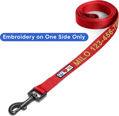Pawtitas Personalized 6 ft Red Dog Leash M/L Custom Name and Phone Embroidery Strong Nylon Leash for Medium and Large Breeds