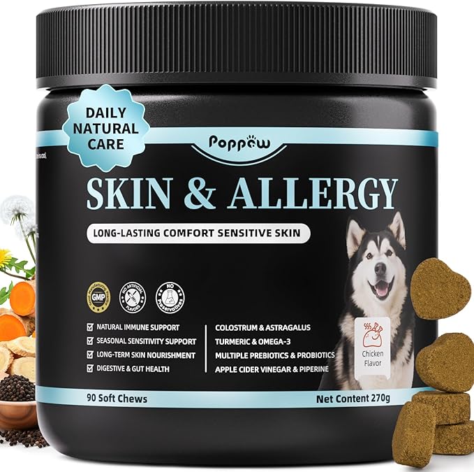 Dog Skin & Allergy Chews - Dog Probiotics for Sensitive Skin Health Support - Allergy Relief - Support Seasonal Allergies, Immune & Gut & Digestive Health Supplement - Chicken Flavor - 90 Count