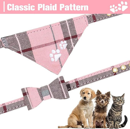 EXPAWLORER Puppy Collar and Leash Set - Embroidery Pawprints Plaid Dog Collar and Dog Leash Set, Bow Tie and Bandana Dog Collar with Bell, Collar and Leash for Dogs Cats Outdoor Walking, Pink S