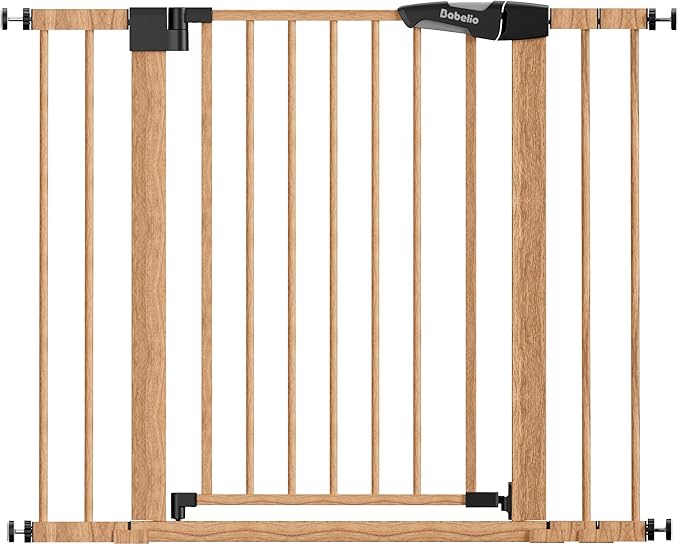 Mom's Choice Award Winner, Babelio 26-40" Metal Baby Gate with Wood Pattern, PressGuard C5 Easy Install Pressure Mounted Dog Gate for Stairs and Doorways, with Wall Protectors and Extension Kits