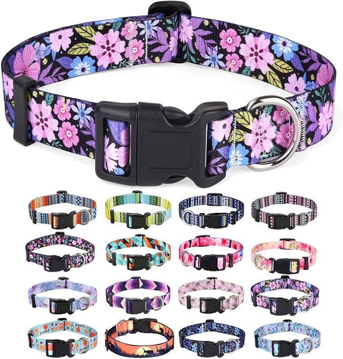 Mihqy Dog Collar with Bohemia Floral Tribal Geometric Patterns - Soft Ethnic Style Collar Adjustable for Small Medium Large Dogs(Floral Pink,M)