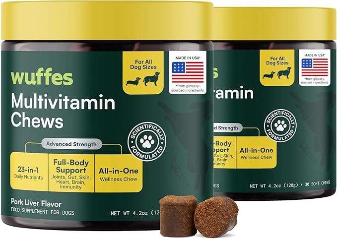 Wuffes 23-in-1 Dog Multivitamin Supplement for Hip & Joint, Skin & Coat and Immune System Support with Omega 3, Iron, Zinc, Vitamin C - Minerals & Vitamins for Senior Dogs and Puppies - 60 Soft Chews