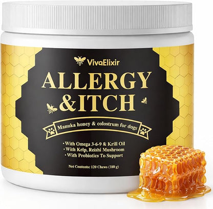 Manuka Honey for Dogs - Allergy Relief & Anti Itch Skin - Comfort and Coat Health - Manuka Honey, Krill Oil, Colostrum, Quercetin, Probiotics, Kelp Powder - 120 Soft Chews