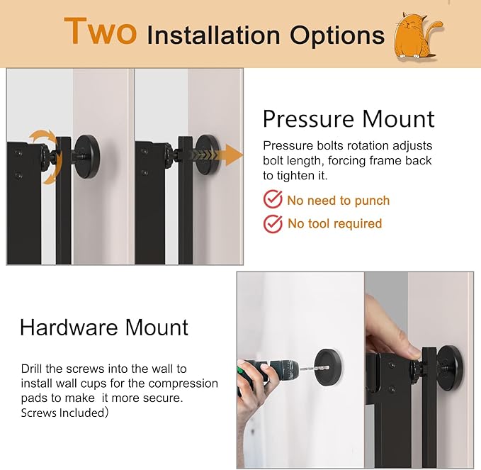 Senneny 63” Extra Tall Cat Gate Auto Close & One-Hand Open, Includes Extension Kits, No Drilling Pressure Mounted Kits and Wall Mounted Kits, Metal Pet Gate Fits Openings 33.4” to 37.4” Wide, Black