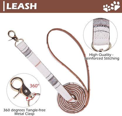 EXPAWLORER Puppy Collar and Leash - Embroidery Pawprints Plaid Small Dog Collars and Leash Set, Cute Bandana and Detachable Collar, Suitable for Small Dogs Cats Girl Boy, Cream S