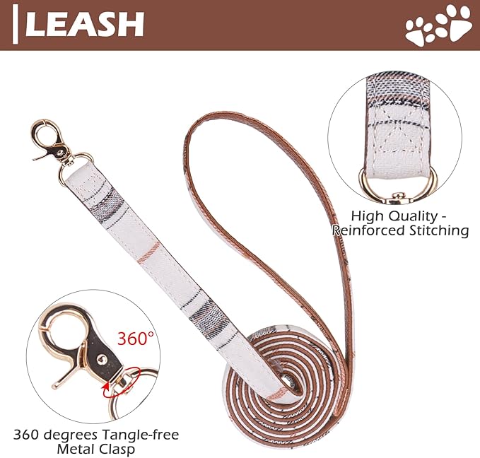 EXPAWLORER Puppy Collar and Leash - Embroidery Pawprints Plaid Small Dog Collars and Leash Set, Cute Bandana and Detachable Collar, Suitable for Small Dogs Cats Girl Boy, Cream XS