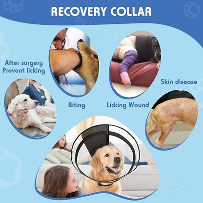 Dog Cone, Transparent Recovery Collar for Large Medium Small Dogs, E Collar After Surgery to Stop Licking, Depth Adjustable Soft Cone Not Block Vision Patented