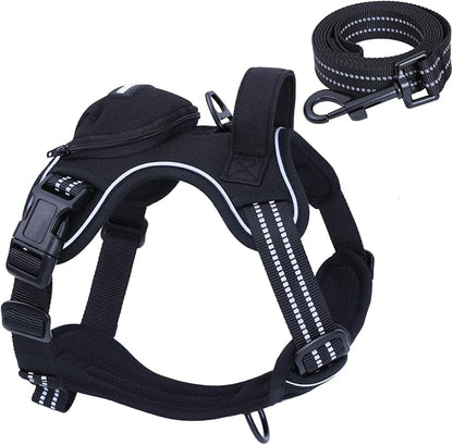 No Pull Dog Harness for Medium Dogs, Adjustable No Choke Pet Vest with Dog Leash Fit Smart Reflective Pet Walking Harness for Training Easy Control Soft Handle Black L