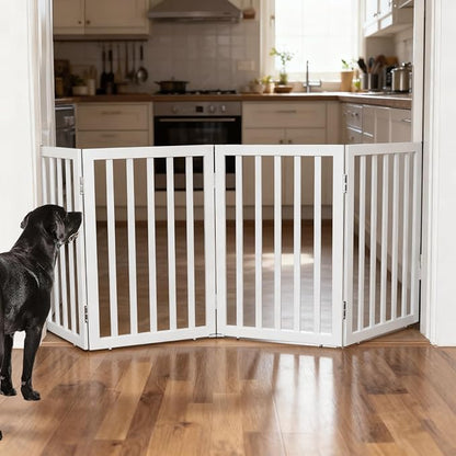 ZJSF Freestanding Indoor Dog Gate for House Foldable Wood Grey Puppy Gate for Doorways Pet Gate for Stairs Extra Wide Pet Fence 32" Height 4 Panels