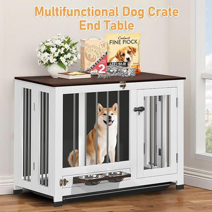 31.5" Dog Crate Furniture - Indoor Wooden Kennel with 360° Rotating Feeder | Multi-Functional End Table for Small & Medium Dogs | Portable Pet Cage with Removable Tray & Easy Assembly